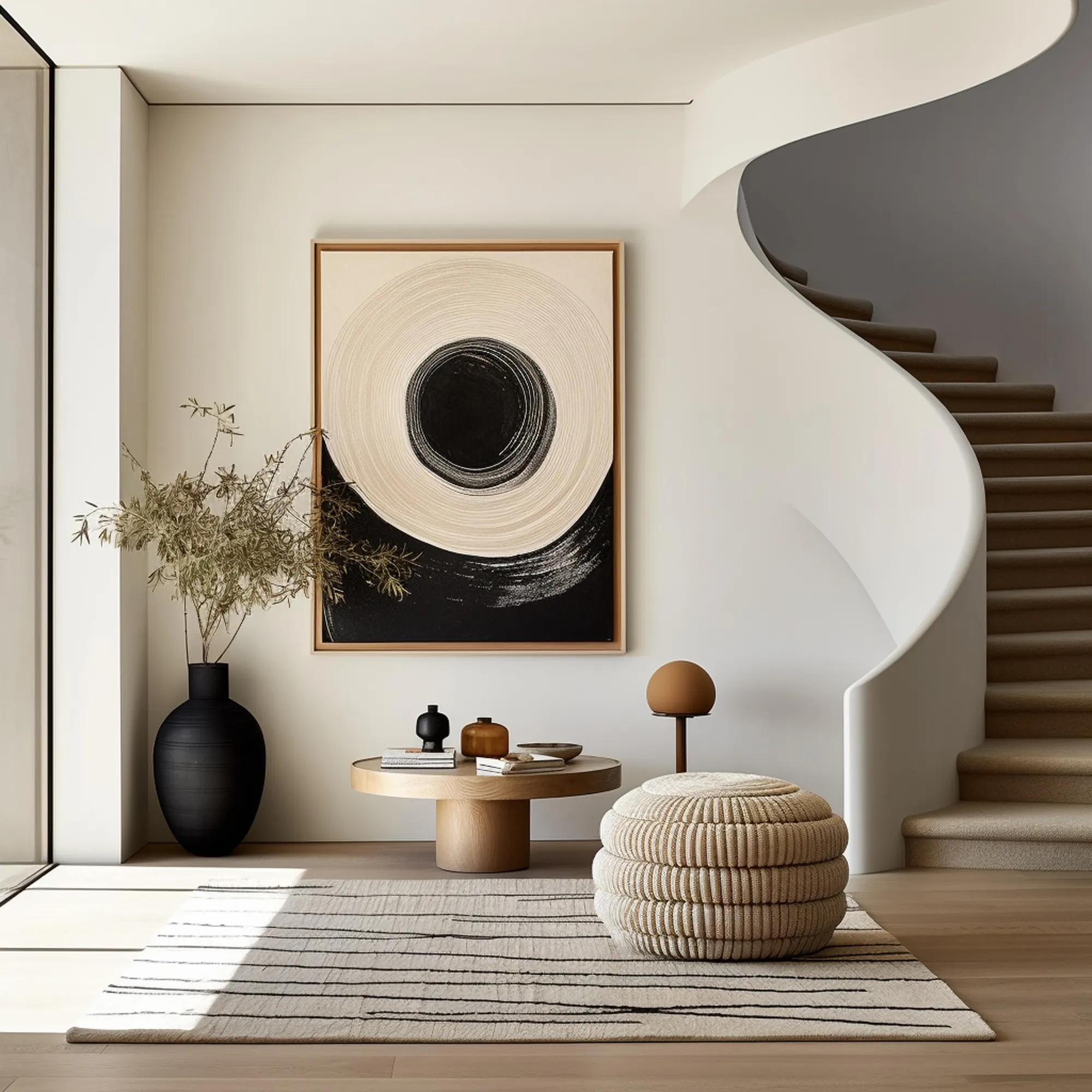 Escalier hélicoïdal blanc, grande œuvre encadrée au mur, table basse ronde et pouf tressé.