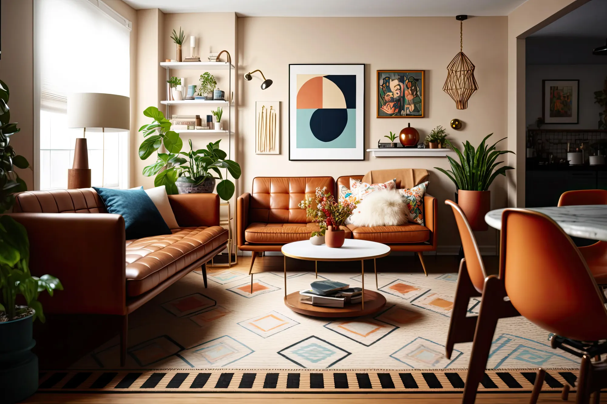 Séjour chaleureux : canapés en cuir cognac, tapis à motifs géométriques, étagères garnies et tableaux.