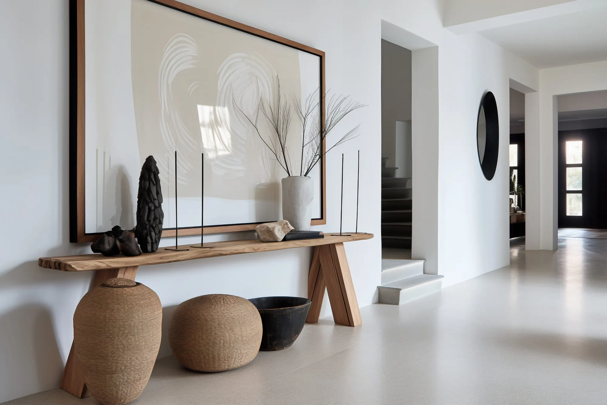 Entrée épurée : console en bois brut sous un grand miroir horizontal, vases en terre cuite posés au sol.