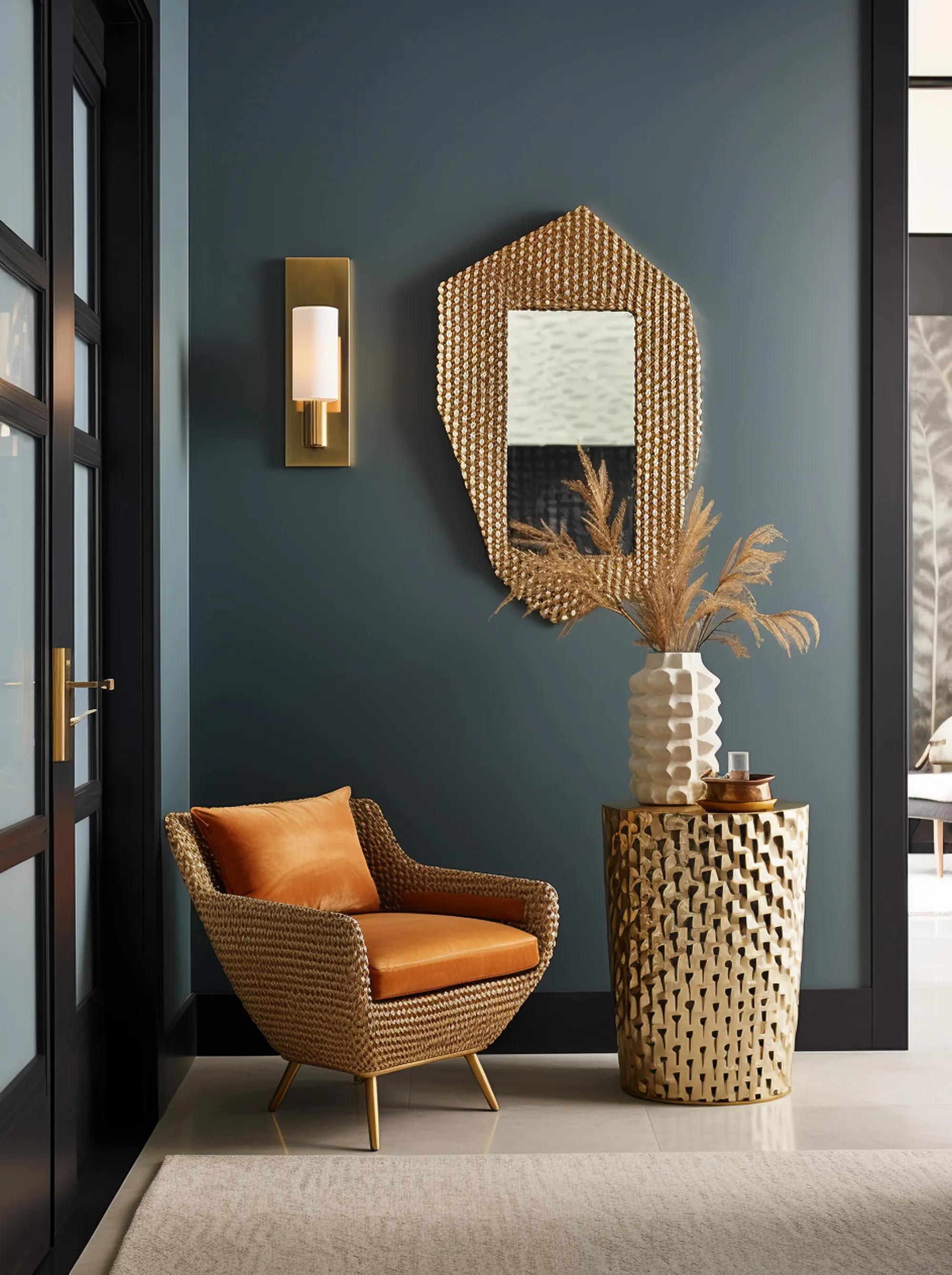 Angle de séjour : mur bleu-vert, miroir doré, fauteuil en cuir fauve et guéridon doré près d’une porte vitrée.