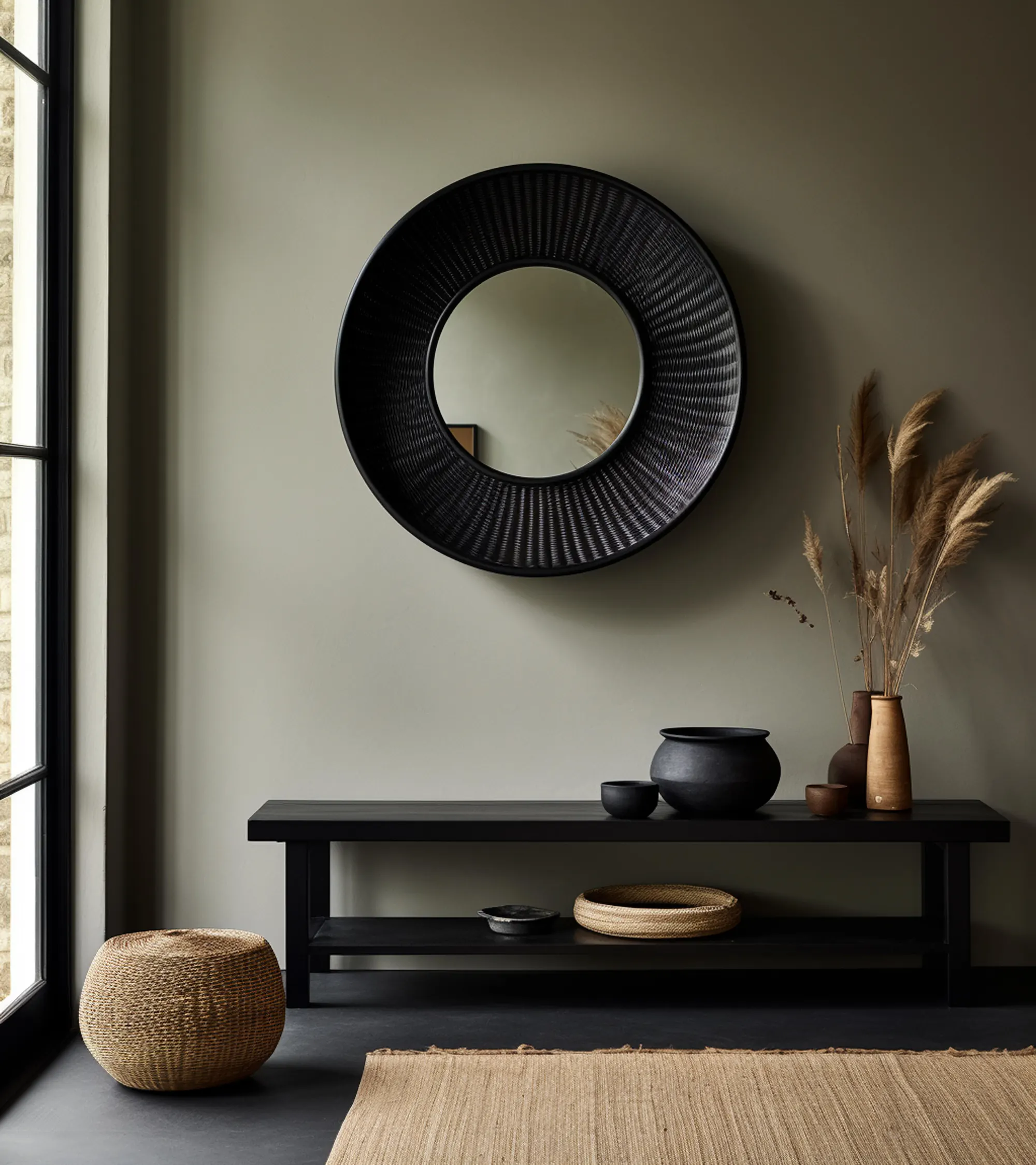 Console noire devant un mur vert olive, grand miroir rond, poteries sombres et herbes séchées.