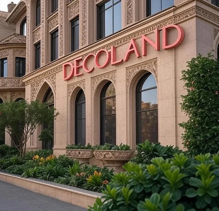 Façade d’immeuble en pierre claire portant une enseigne Decoland, arbustes taillés au premier plan.