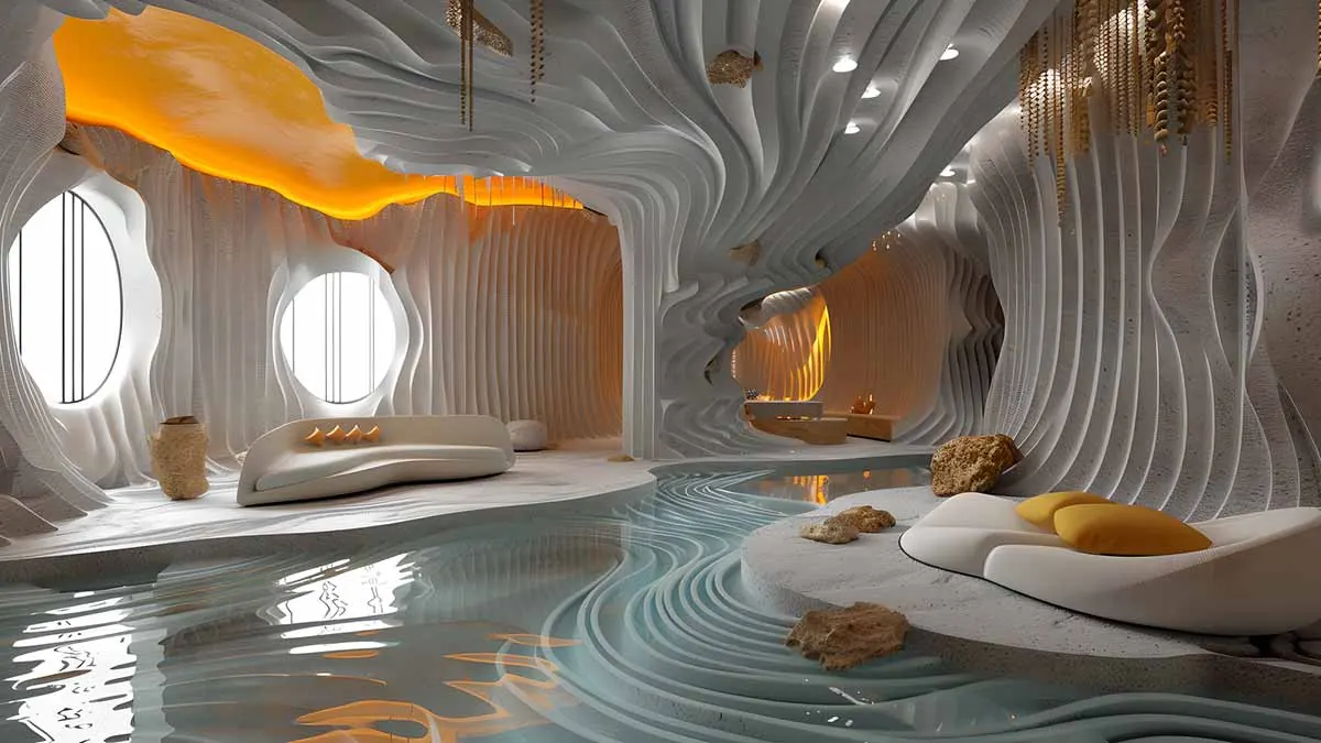 Intérieur de synthèse aux formes organiques blanches, bassin d’eau et éclairage ambré.