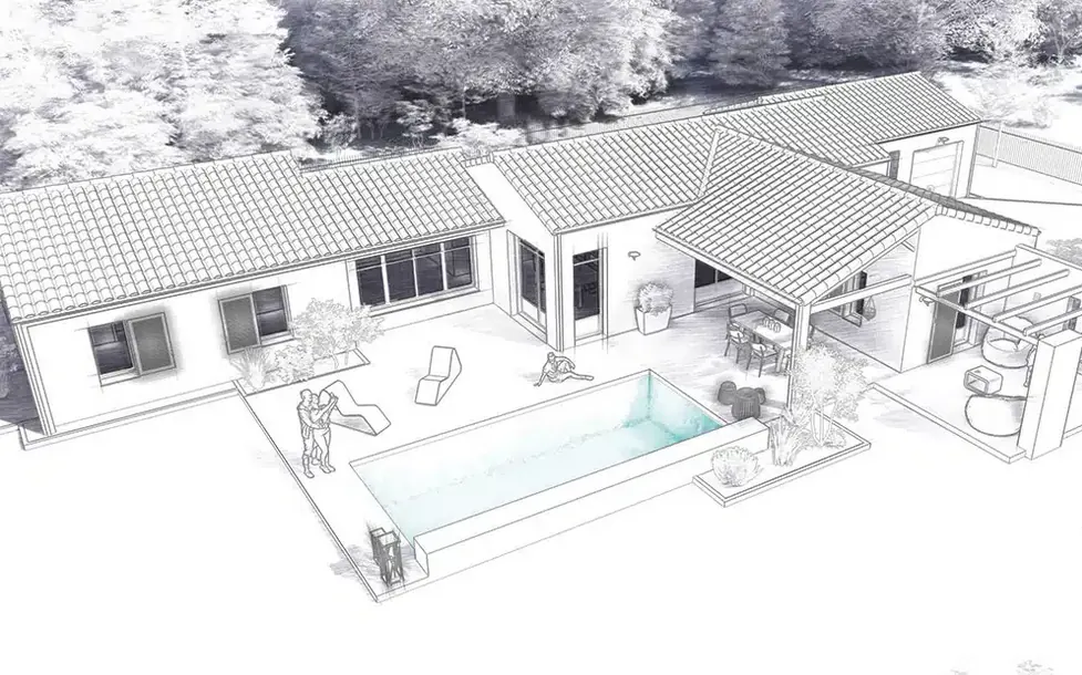 Vue dessinée d’une maison de plain-pied avec piscine et terrasse couverte.